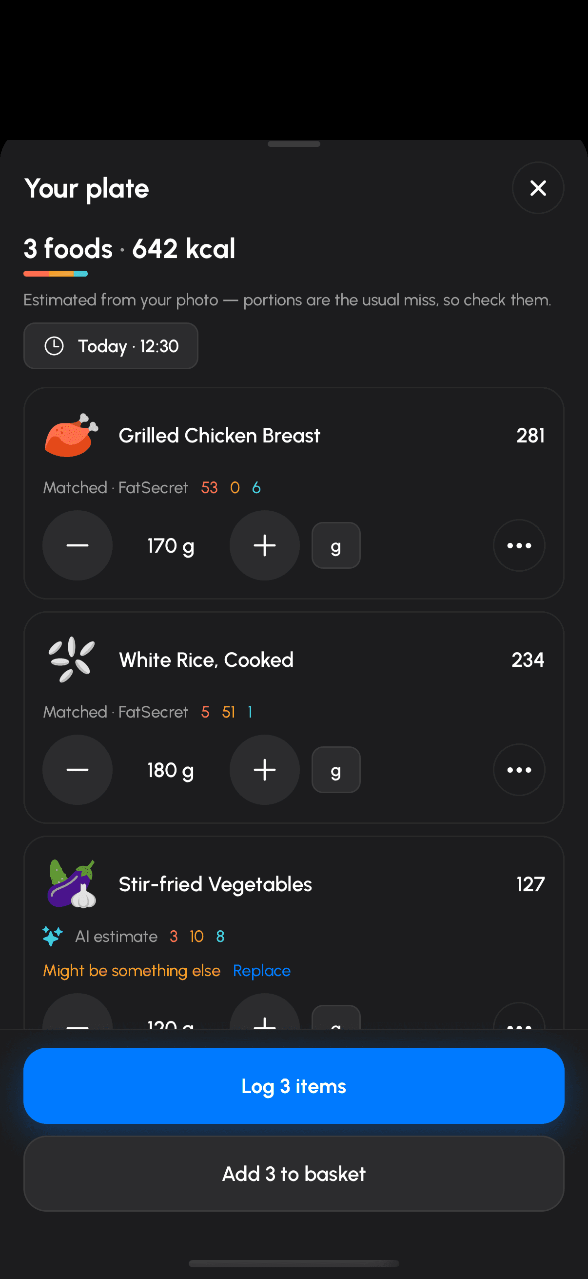 The photo-scan results sheet, titled Your plate: three foods for 642 kcal, each a card with its source line and an amount you can change, one flagged “Might be something else” with a Replace link, and Log 3 items and Add 3 to basket pinned at the bottom.